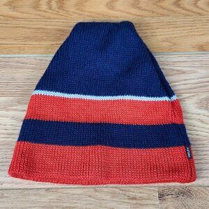 Vintage Smiley Wool Beanie Hat Red/Blue/White Striped Winter Cap Ribbed Band